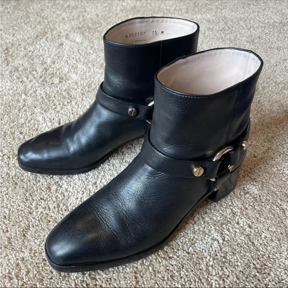 NIB Stuart Weitzman Black Leather Expert Moto Boots Booties Gold HW Size 7.5